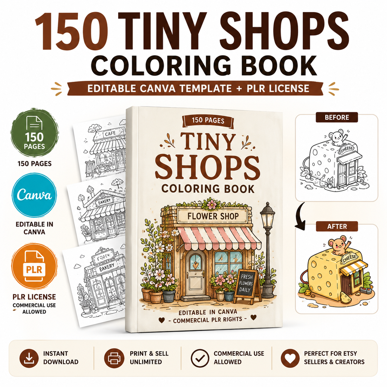 Libro para Colorear de Tienditas | 150 Páginas | Canva Editable | PLR & MRR