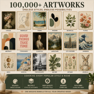 100,000+ Printable Wall Art Bundle | PLR & MRR | Vintage, Modern, Abstract & Boho