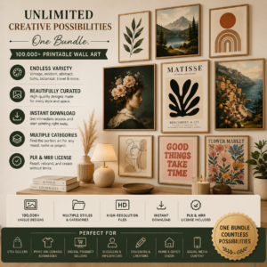 100,000+ Printable Wall Art Bundle | PLR & MRR | Vintage, Modern, Abstract & Boho