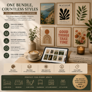 100,000+ Printable Wall Art Bundle | PLR & MRR | Vintage, Modern, Abstract & Boho