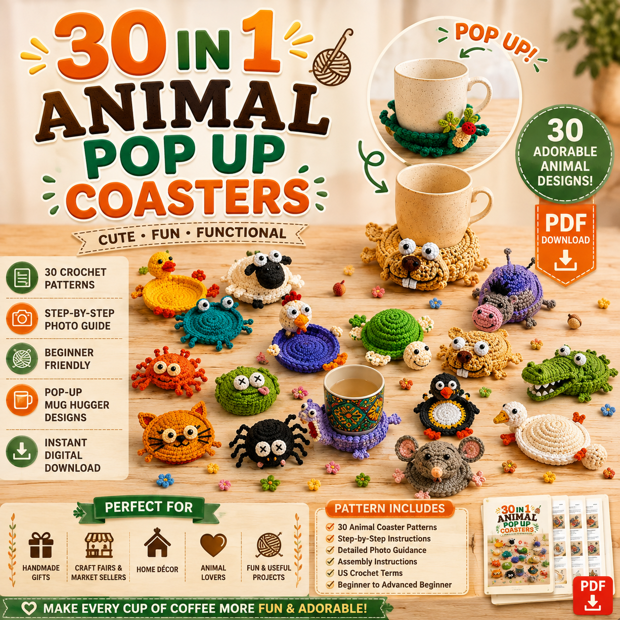 30 Animal Crochet Coaster Patterns | Mug Hugger PDF Bundle